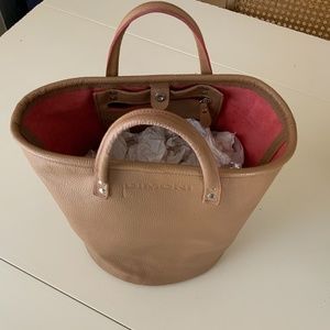 Dimoni Pebble Embossed Leather Tan Round Bucket Handbag